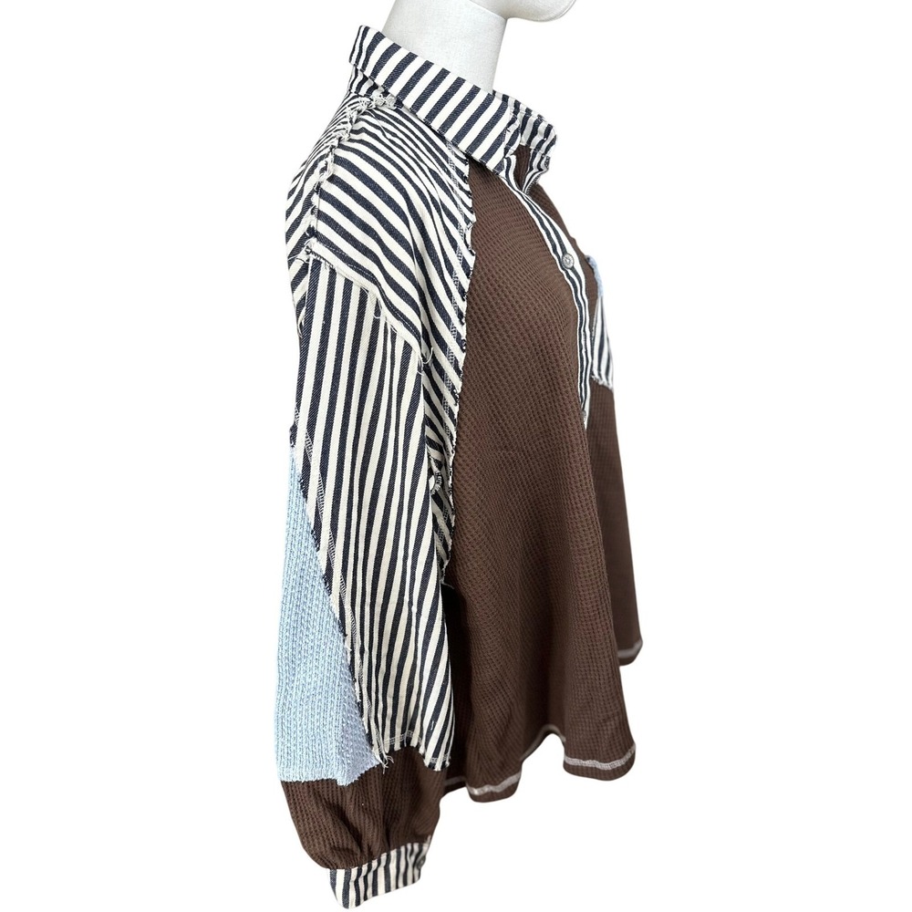 POL NWT Striped Waffle Knit Patchwork Button‎ Up … - image 5